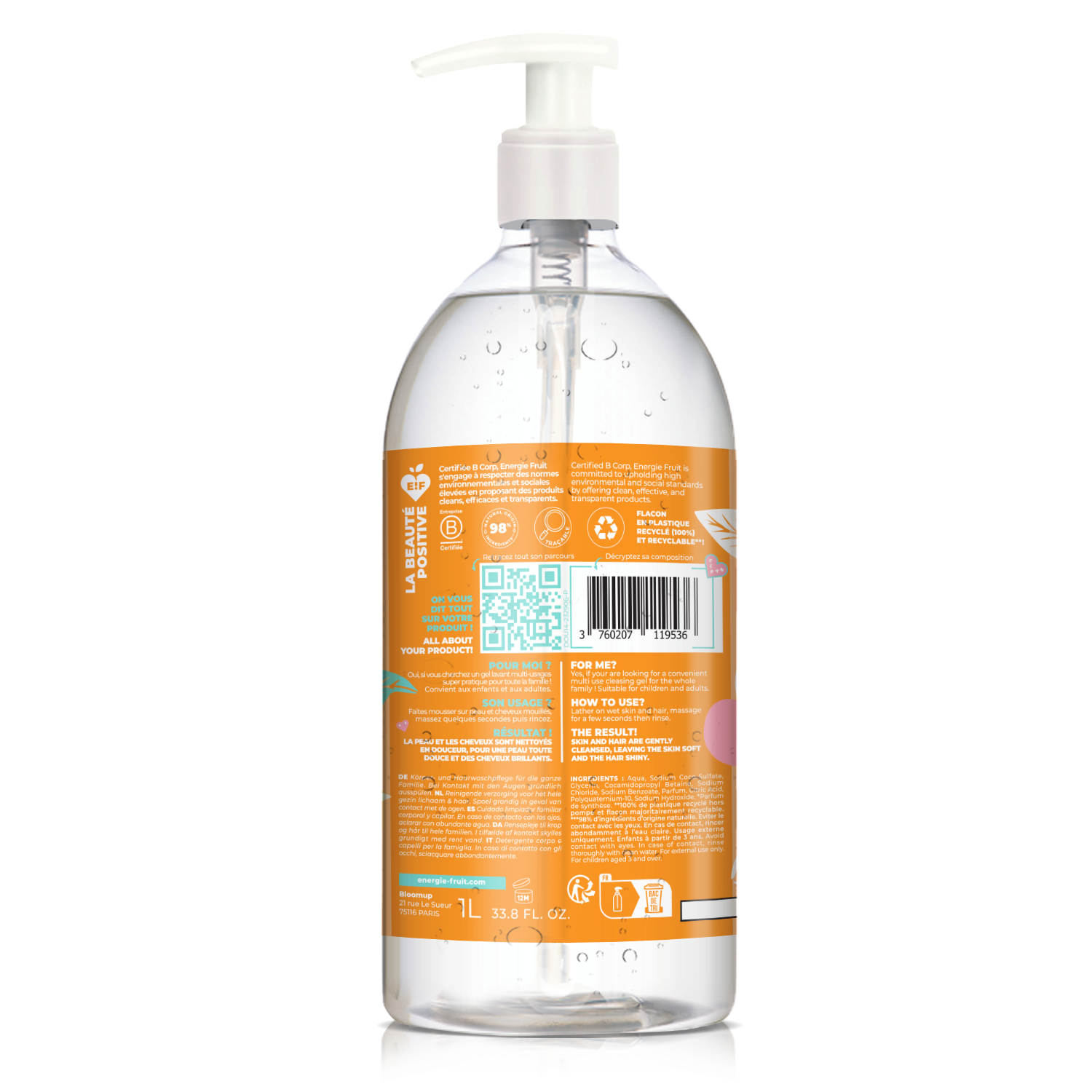 Flacon pompe de soin lavant doux 2 en 1 corps et cheveux format familial 1L parfum abricot de dos