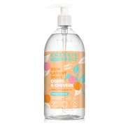 Flacon pompe de soin lavant doux 2 en 1 corps et cheveux format familial 1L parfum abricot 
